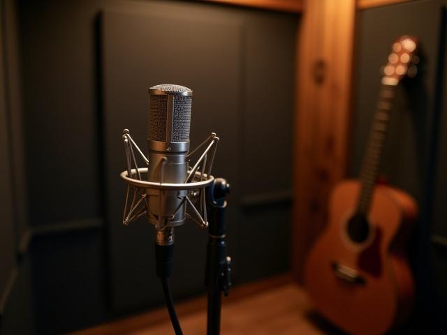 Intérieur du studio d'enregistrement de Solstice Studio, avec un microphone professionnel