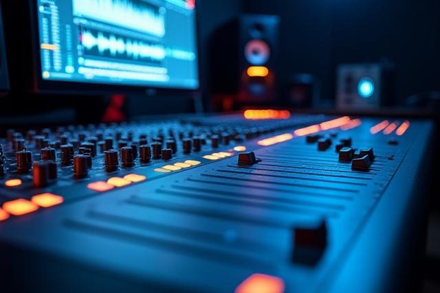 Table de mixage professionnelle avec lumière ambiante dans le studio